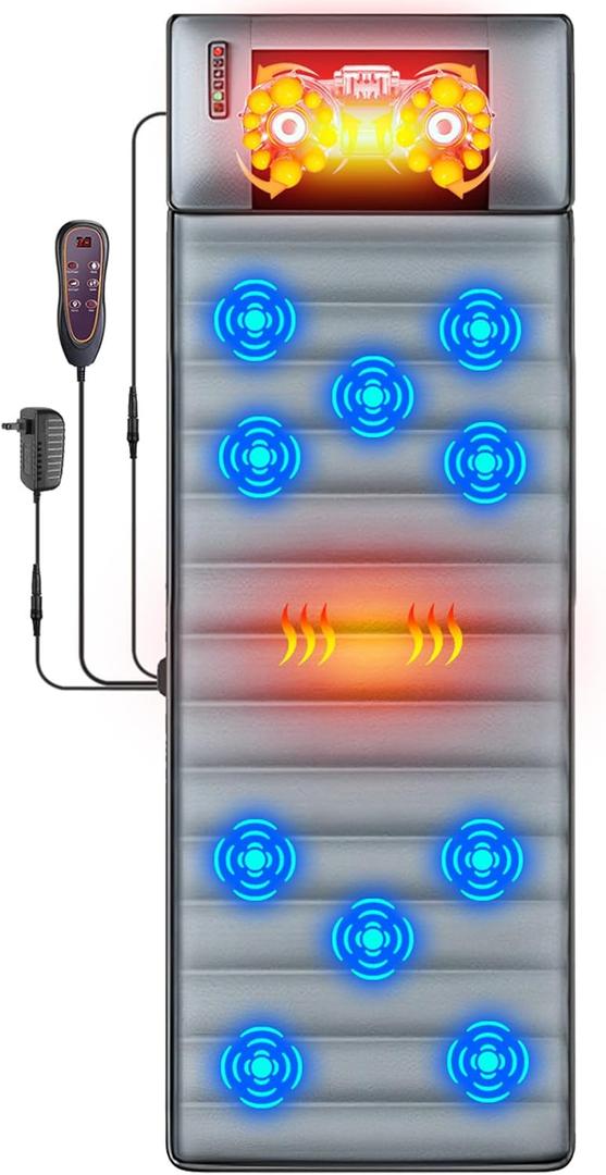 Full Body Massage Mat with Heat & Movable Shiatsu Neck Back Massager Pillow, Upgraded Massage Mattress Pad with 10 Vibration Motors,9 Massaging Mode,2 Heating Pad,for Neck Back Leg Pain Relief