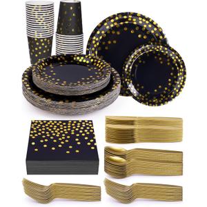 224 Pieces Party Supplies, Black and Gold Party Plates Cups and Napkins Sets with Plastic Knives forks spoons, Disposable Tableware Serves 32 Sets for Wedding, Birthday, Graduation, Festivals