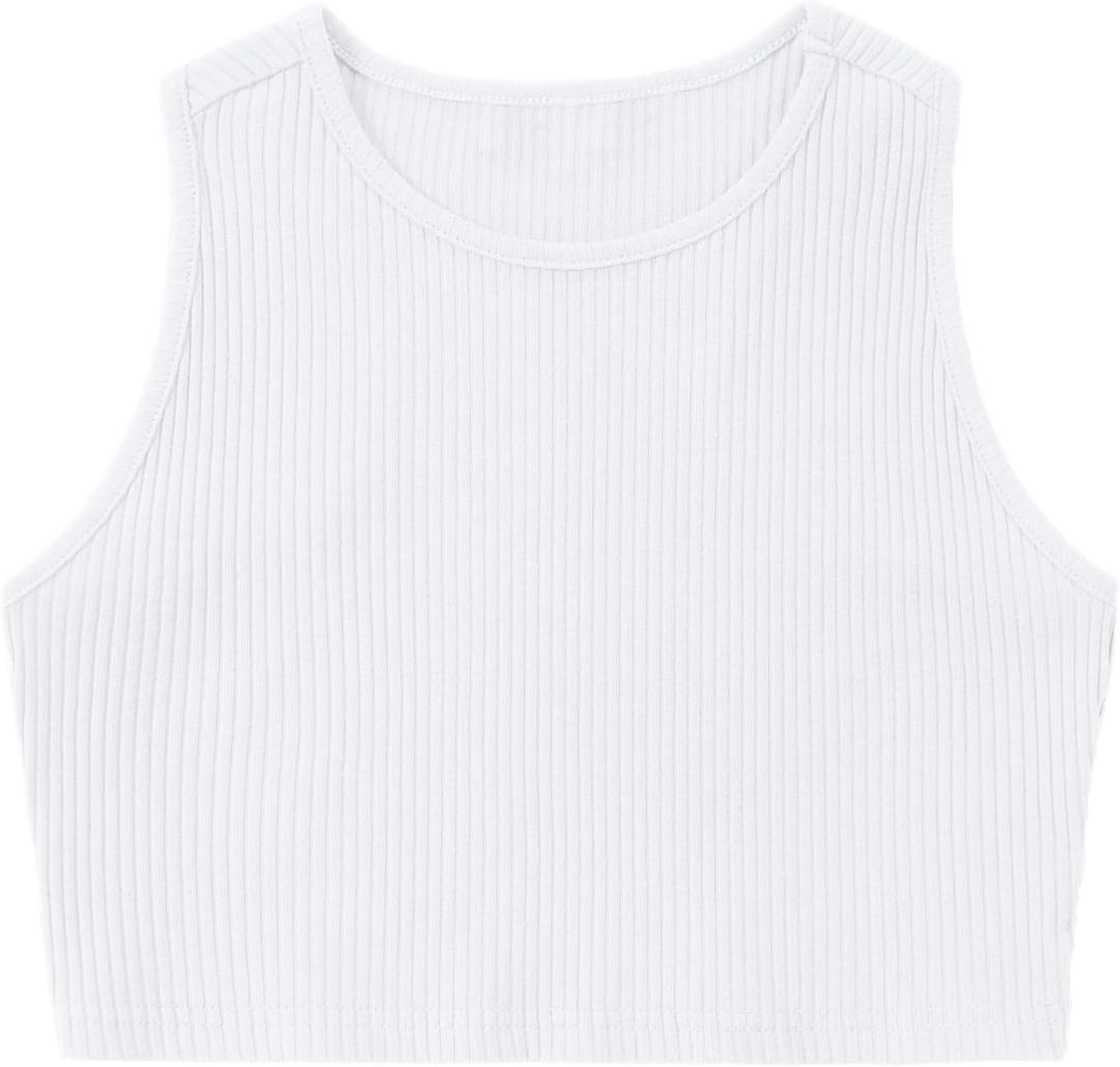 EXARUS Girl's Crop Tank Tops Dance Ribbed Knit Sleeveless Round Neck Racerback Casual Cute Cropped Top 6-12Y (White)