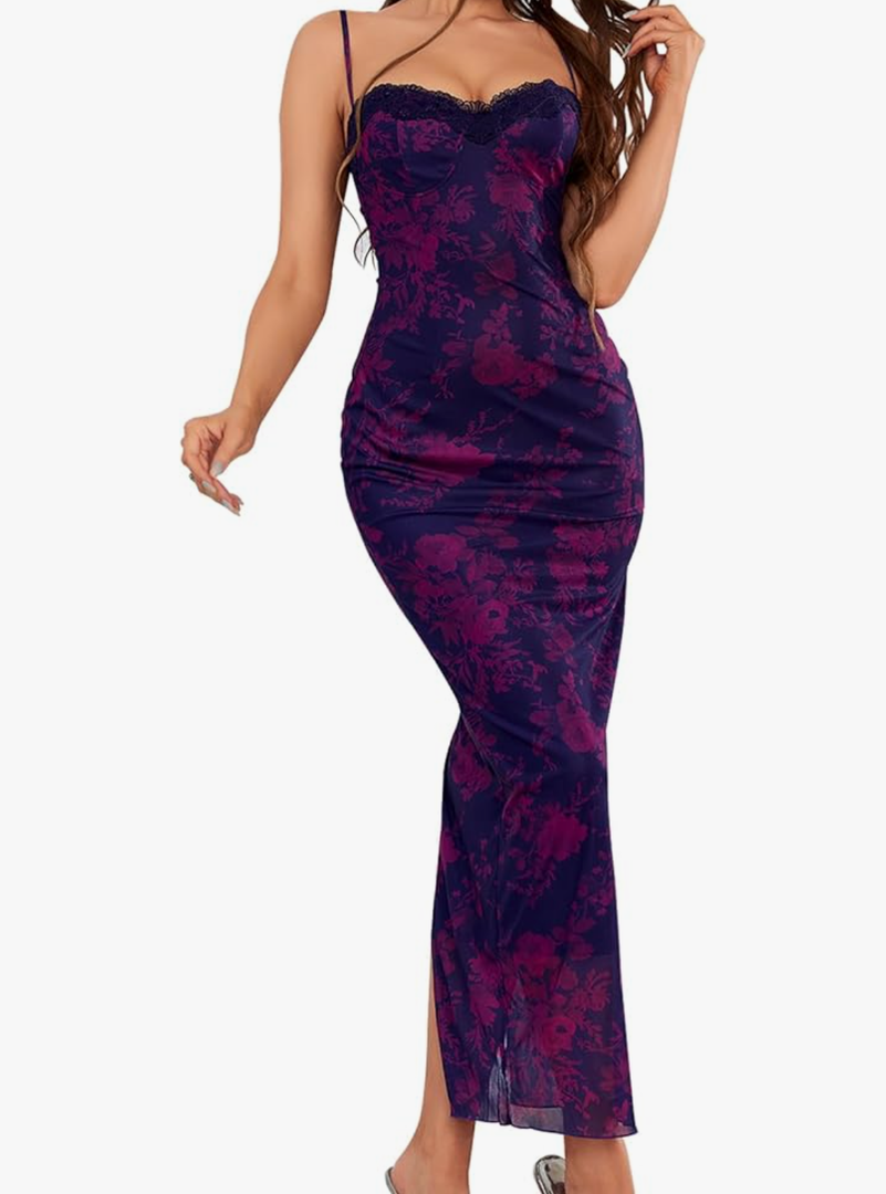 GLNEGE Women's Summer Floral Midi Wedding Guest Dress Spaghetti Strap Bodycon Party Dresses Lace Up Slit Casual Dresses L