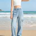 EXARUS Girls Cargo Jeans Wide Leg Baggy Tween Pants Elastic Waist Pockets | Teen Denim Hiking Pants High Rise Elastic Waist Straight Leg Loose Trousers Pockets Kids Youth Junior Casual 8-14Y (Blue)