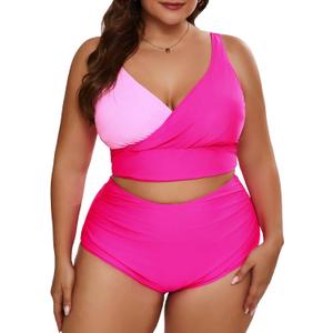 Eytino Womens Plus Size Bikini Sets High Waisted V Neck Bahting Suits Two Piece Color Block Swimsuits(1X-5X) (3X, Bright Pink)