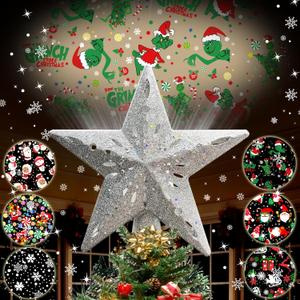 10" Christmas Tree Topper Projector with 6 Projection Modes, Lighted Christmas Tree Topper Star Built-in LED Rotation Light, 3D Glitter Dynamic TreeTop for Xmas Holiday Party Decorations Gift (Silver)