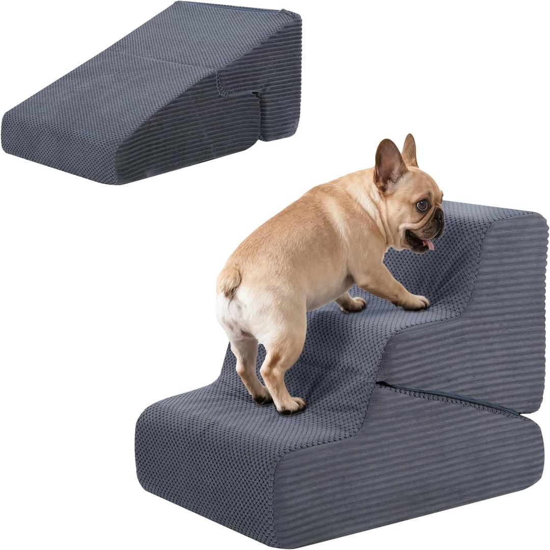 Dog Ramp for Bed, 16.5" H Dog Stairs for High Bed, 2 in 1 Pet Steps for Small Dogs, 3-Step Foldable Transformable Large Cats Ramp to Get on Couch, Non-Slip Balanced, Grey, 3.0, 15.7x19.7x16.5in