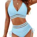 Blooming Jelly Women High Waisted Bikini Sets Tummy Control Swimsuits Color Block Two Piece Drawstring Bathing Suit (Small, Blue Mesh)
