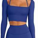 LASLULU Womens Sexy Square Neck Crop Top Ribbed Seamless Long Sleeve Workout Tops Halter Neck Athletic Yoga Dirty, Size Small