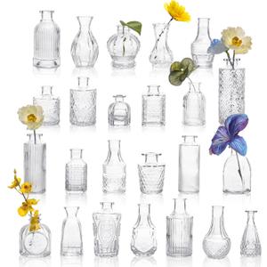 UMEIED 24 Pack Glass Bud Vases in Bulk for Centerpieces, Clear Vintage Decorative Small Vases for Flowers, Wedding Rustic Home Table Decor (Clear)