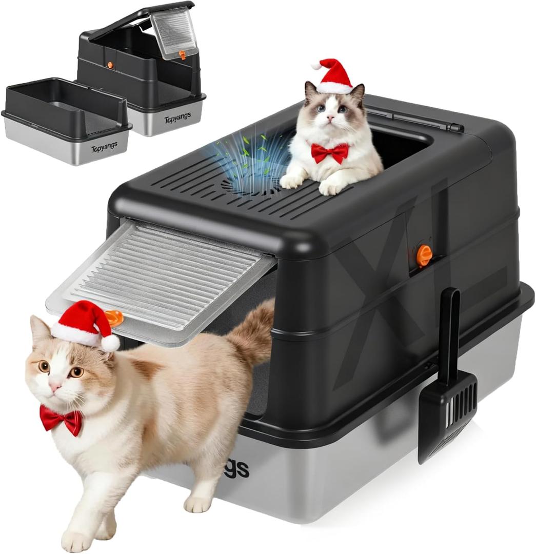 Topyangs Black Stainless Steel Litter Box with Lid, 135 Flip-Top Enclosed Cat Litter Box, Odor-Control Metal Breeze System, Covered High Sides Anti-Spill, Cat Lover Gift