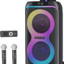 GKDT81 Karaoke Machine with 2 Microphones for Adults, 80W Rated Power, Dual 8" Woofers, Portable Bluetooth Party Speaker with Wheels & Pull Handle, Deep Bass, LED Lights, PA System for Outdoor Parties
