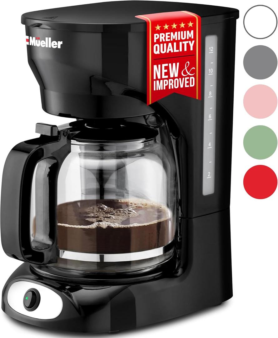 Mueller 12-Cup Drip Coffee Maker - Borosilicate Carafe, Auto-Off, Reusable Filter, Anti-Drip, Keep-Warm Function, Clear Water Level Window Coffee Machine, Kitchen Essentials & Accessories (Black)
