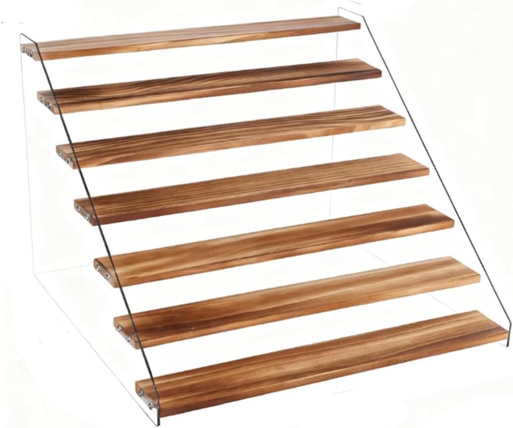 7 Tier Acrylic Wooden Display Stand, Clear Acrylic and Wood Tiered Display Shelf Rack, 15.7 Inch Step Ladder Riser for Cupcakes Perfumes Figures Collectibles (7 tier Carbonized color)
