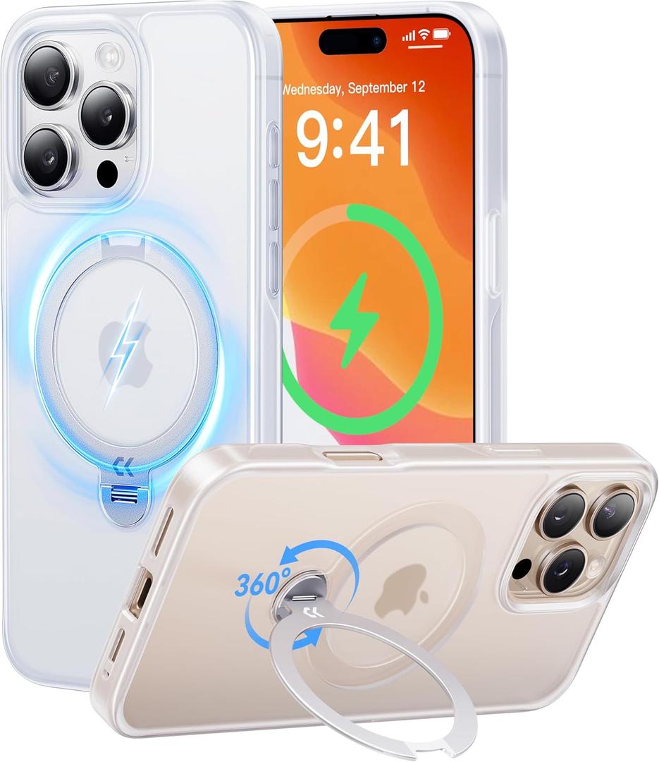 CASEKOO Patented 360 Spin Magnetic Stand for iPhone 16 Pro Case [Military Drop Protection] [Non-Slip Edge] [Compatible with MagSafe] Matte Shockproof Slim for 16 Pro Case 6.3'', Translucent White