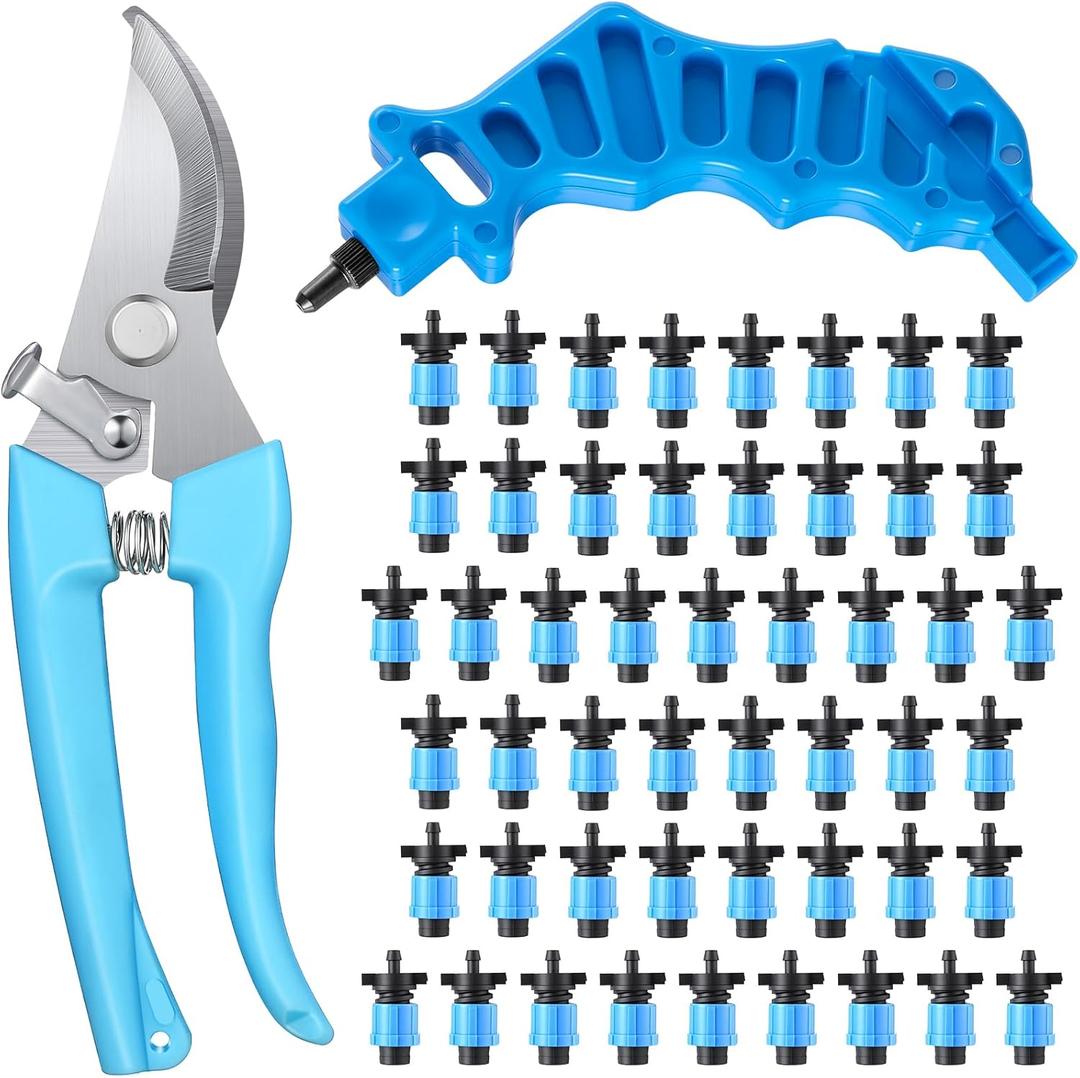 Feekoon Drip Irrigation Tool Kit, 50 Pcs Drip Tape Connectors, Drip Irrigation Tubing Hole Punch, Drip Tape Cutter,1/4 Barb Coupling Locking Fittings for 5/8 Drip Tape, Drip Tape Fittings