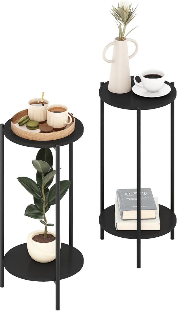 Furinno BESI Side Table Set of 2, 2-Tier Small Round End Table with Metal Legs, Metal Frame Night Stand, Bedside Table with USB and Type-C Charging Port, for Living Room, Bedroom, Americano, 2-Pack, 11.6"W Metal Frame