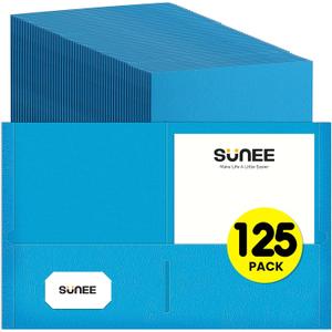 SUNEE Folders with Pockets(125 Pack, Blue), 2 Pocket Folders Fit Letter Size Paper, Paper File Folder for School Office Home Business