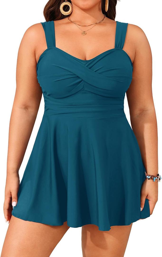 Aqua Eve Plus Size Two Piece Swimsuits for Women Tankini Bathing Suits Flowy Swim Dress with Shorts (28 Plus, Green)