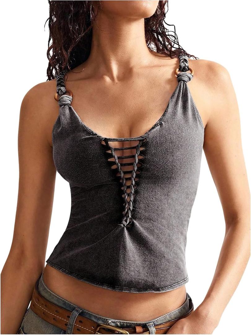 SHENHE Women's Lace Up Spaghetti Strap Tank Top Deep V Distressed Y2k Vintage Crop Top Cami (Black, XL)