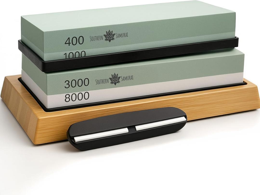 Sharpening Stone Set 400/1000 3000/8000 Grit  Dual Grit Whetstone Knife Sharpening Kit with Angle Guide & Non-Slip Bamboo Base by Southern Samurai
