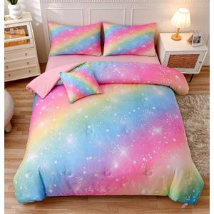 6 Pieces Pink Twin Comforter Set for Girls,Kids Glitter Galaxy Rainbow Bedding Sets Bed in A Bag (1 Comforter, 1 Flat Sheet,1 Fitted Sheet,2 Pillowcases and 1 Cushion Cover)