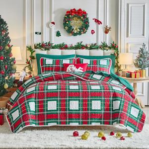 Flysheep Christmas Quilt Set 3 Pieces Queen, Red Green White Plaid Reversible Design Bedspread Coverlet Set, Soft Microfiber Lightweight Bed Cover for All Season (90" x 90", 1 Quilt+ 2 Pillow Shams)