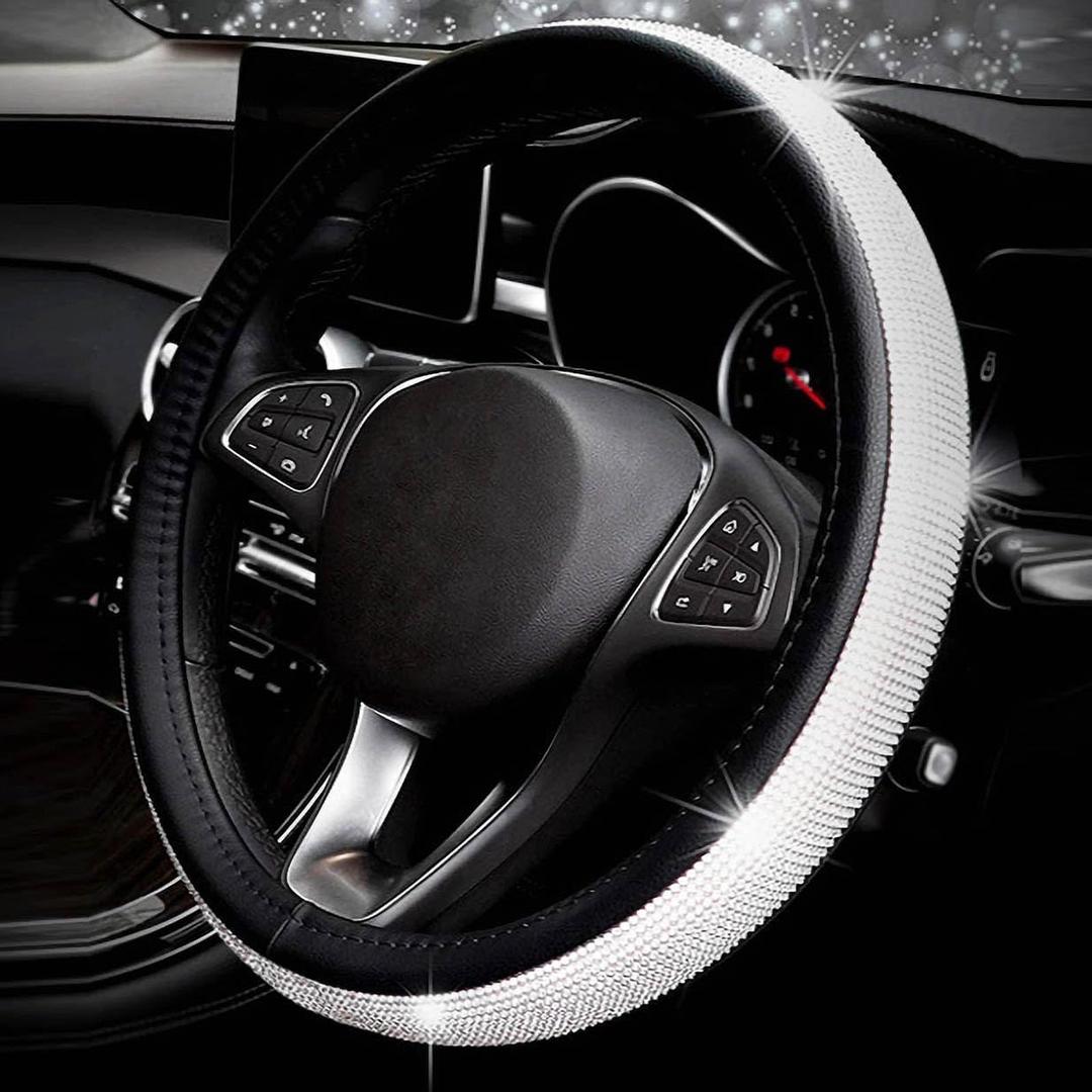 Bling Rhinestone Car Steering Wheel Cover for Women,PU Leather Crystal Diamonds Crown Steering Wheel Covers Non-Slip Universal 15"/38 cm (Black)