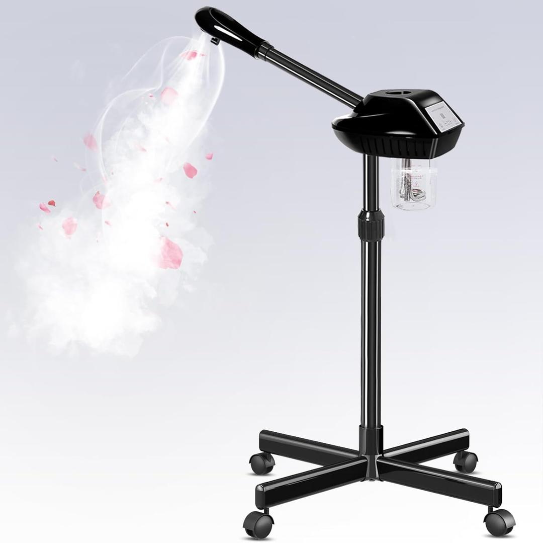 Professional Facial Steamer with More Steam for Deep Cleansing and Hydration, Face Steamer on Wheels with Time Setting, Estheticians Steamer Adjustable Height for Beauty, Spa and Home UseBlack