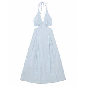 A Stylish Women’s Halter Maxi Dress Featuring A Deep V-Neck, Adjustable Tie Straps, Open Side Cutouts, And A Flattering High-Waisted Silhouette, Size M