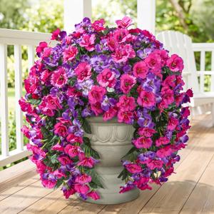 Fake Hibiscus Artificial Hanging Flowers Plants for Outdoors Decoration, 2pcs Silk Hibiscus Vines Realistic UV Resistant Purple Fuchsia Faux Flowers for Outside Planter Porch Patio Yard Home Party