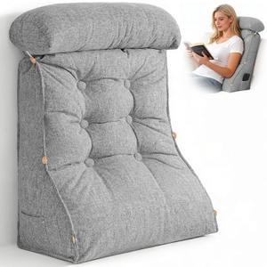 23" H Bed Wedge Reading Pillow with Adjustable Headrest, Reading Pillow for Sitting in Bed Couch Adult Backrest Pillow for Neck Back Lumbar Support with Removable Washable Cover Light Gray