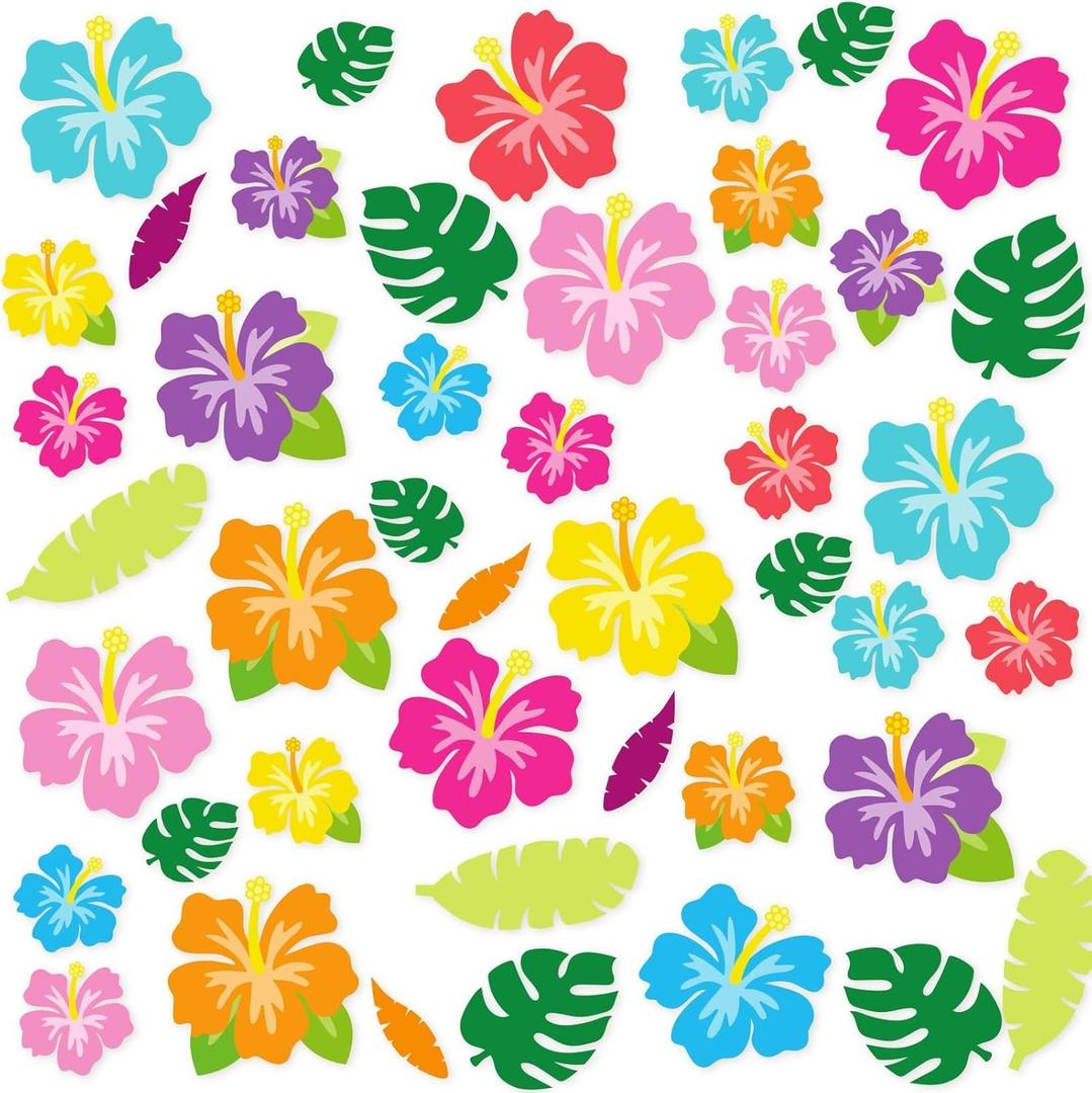 Bulletin Board Decorations, Tropical Classroom Decoration, 49pcs Hawaiian Flowers Decoration Cutouts Set with Glue Points for Summer Hawaii Luau Flamingo Jungle Floral Classroom Party Door Wall Decor (Multi Color)