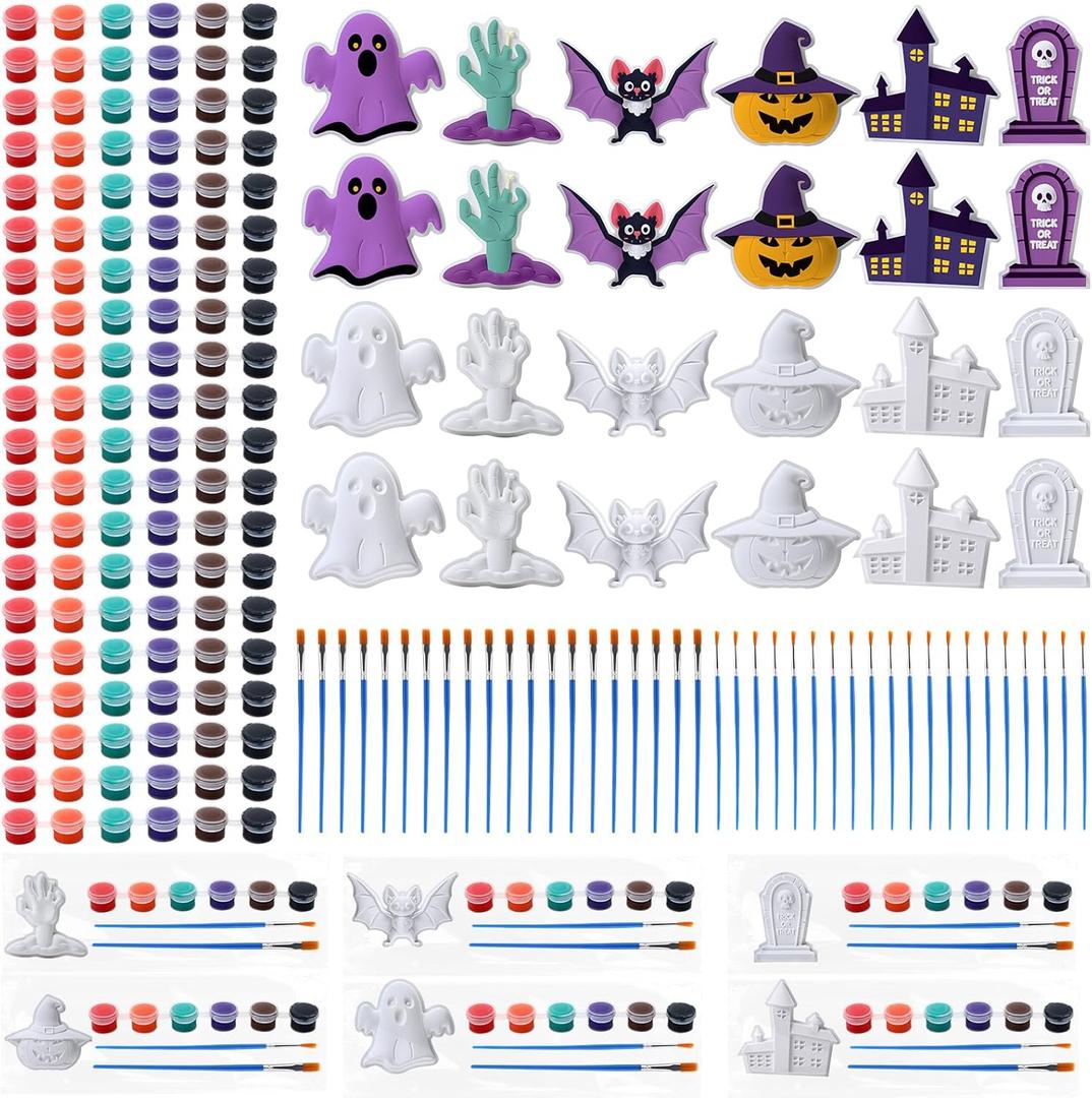 Foilswirl 24 Set Halloween Ceramic to Paint DIY Ghost Tombstone Bat Pumpkin Haunted House Crafts Painting Kit Unpainted Crafts with Brush Bag for Halloween Party Favor Gifts Boo Basket Stuffers