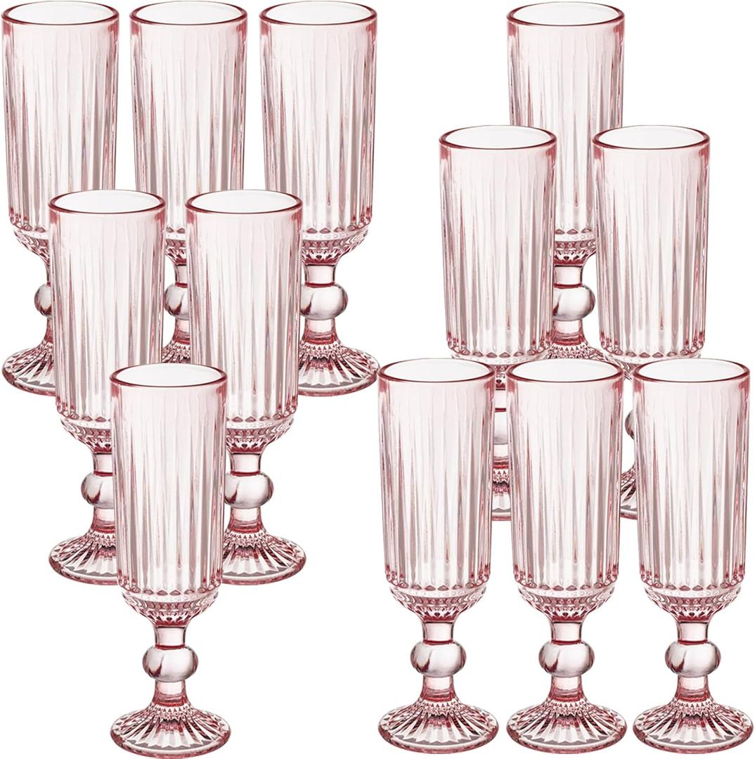 Colored Champagne Flutes Set of 12,5 OZ Elegant Striped Colored Glasses,12 PCS High Transparency Glass Goblets for Wedding Party Bar Drinking Cups Fancy Glasses and Gift Pink
