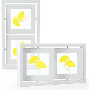 MIBYIBER 2 Pack 4x6 Rotating Floating Picture Frames, White Wood Floating Photo Frame DoubleSided Display with Crystal Glass for Tabletop, Desk or Shelf