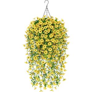 Artificial Hanging Flowers for Outdoors, Fake Hanging Plants with Baskets, UV Resistant Silk Faux Flowers for Outdoor Planters for Home Patio Porch Decor Spring Summer Outside Decoration, Yellow (1 Pack)