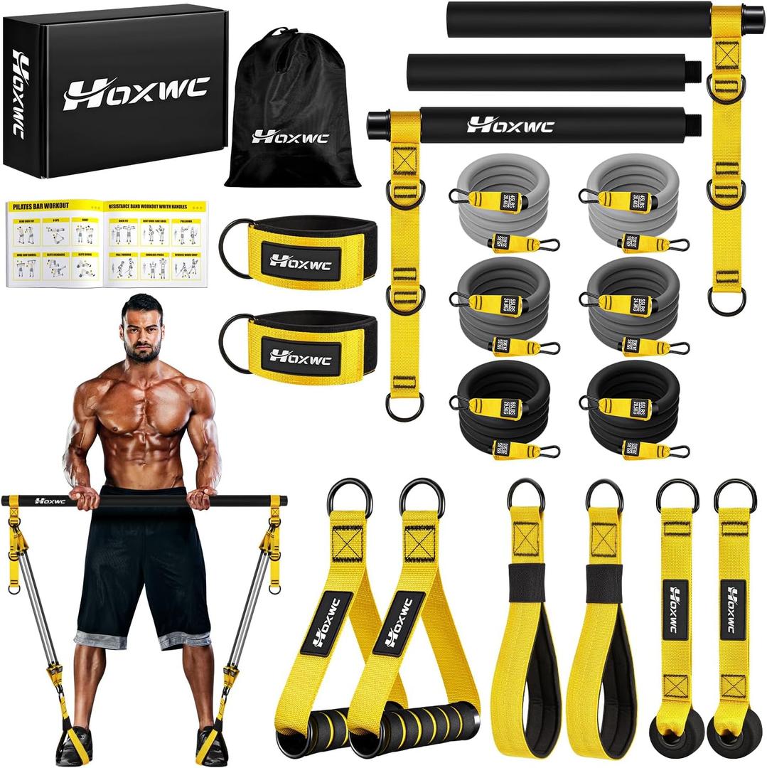 HOXWC Heavy Pilates Equipment, Portable Pilates Bar Kit with Resistance Bands, Professional Adjustable Squat Workout Equipment for Men, Home Gym Muscle Strength Training, Full Body Exercise
