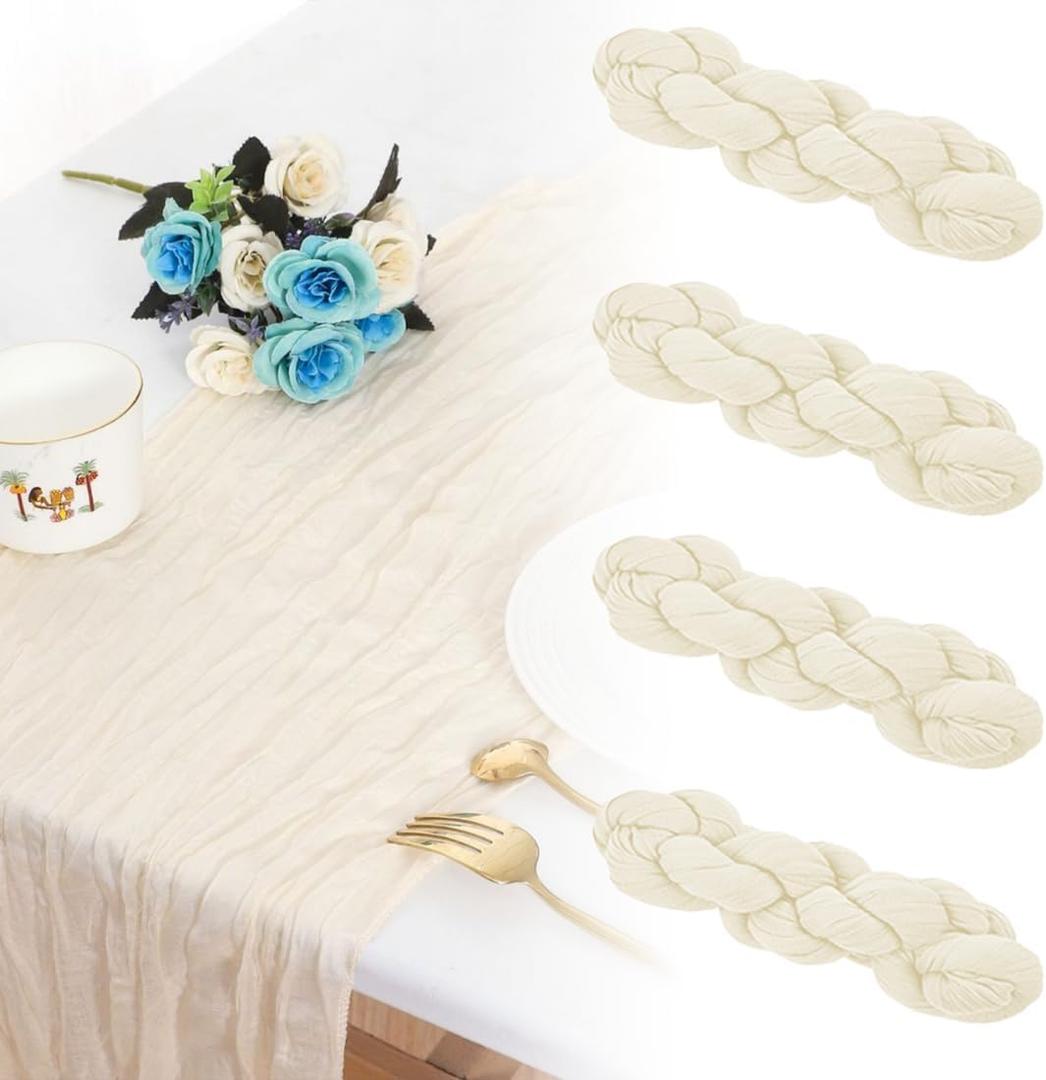 Cheese Cloth Table Runner Romantic Boho Rustic Sheer Gauze Semi Sheer Gauze Fabric Runners for Wedding Birthday Baby Shower Party Boho Table Decoration 4Pcs Beige