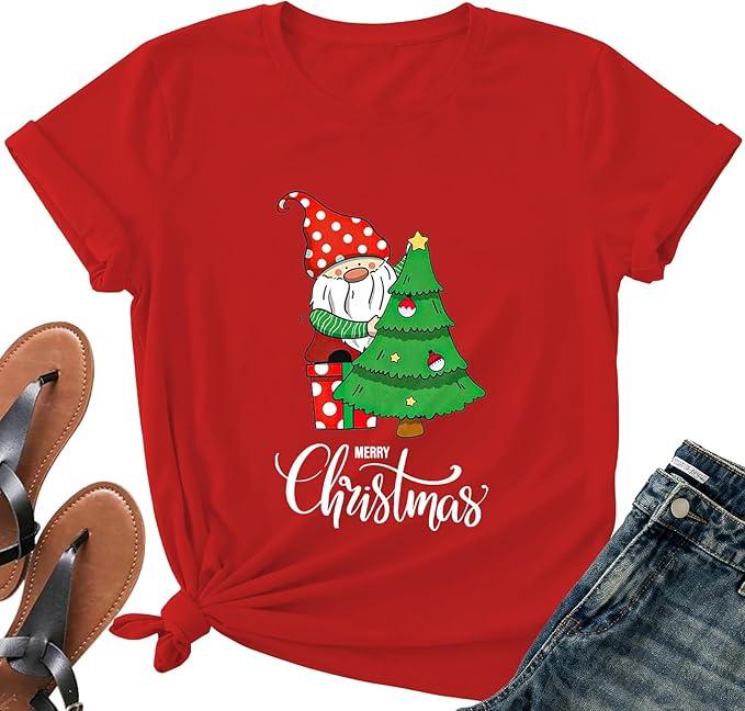 Merry Christmas Shirts for Women - Xmas Bow Short Sleeve Festive Holiday Pink Ribbon Tee Tops, Large