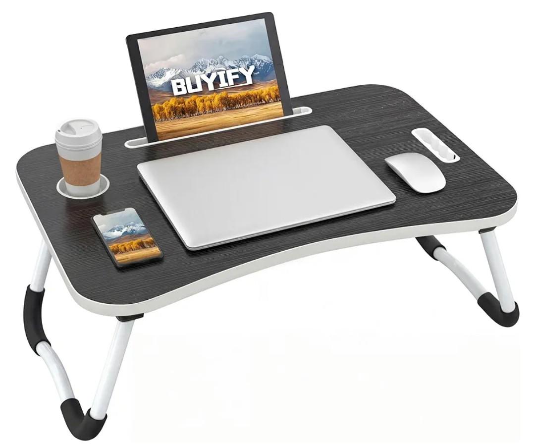 BUYIFY Foldable Lap Desk for Laptop & Writing - 23 inch Bed Tray Table with Cup Holder & Tablet Slot - Portable Notebook Stand for Eating, Sofa, Couch & WFH Students (Black)