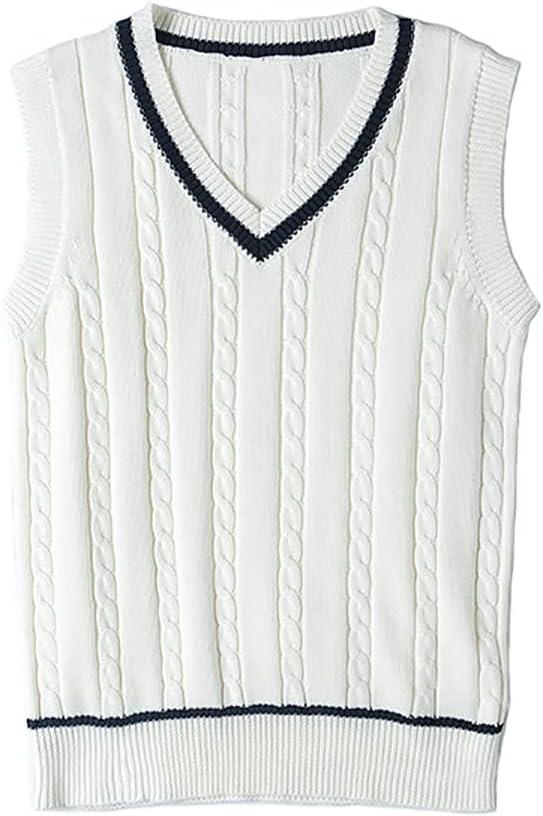 Women's Stripe Sweater Vest Classic V Neck Cable Knit Vest Sleeveless Pullover Ribbed Tank Tops (White, Small)