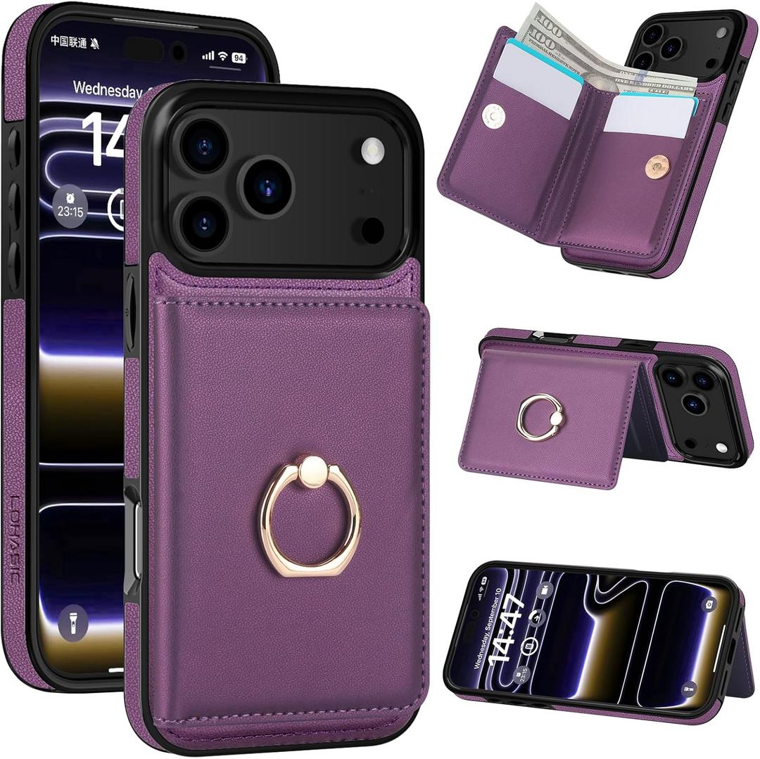 LOHASIC for iPhone 17 Pro Case Wallet with Card Holder, 360 Rotation Ring, RFID Blocking, 5 Card Slots, PU Leather 6.3" Cover for Apple 17 Pro Men Women, Purple