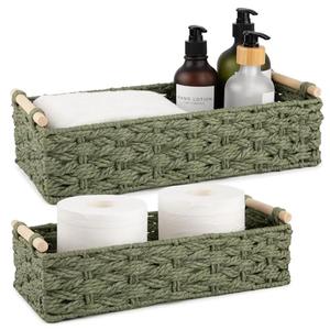 OIAHOMY Toilet Paper Baskets Handmade Paper Rope Decorative Wicker Storage Tank Shelf Cabinet Organizer for Bathroom Home, Set of 2, Green