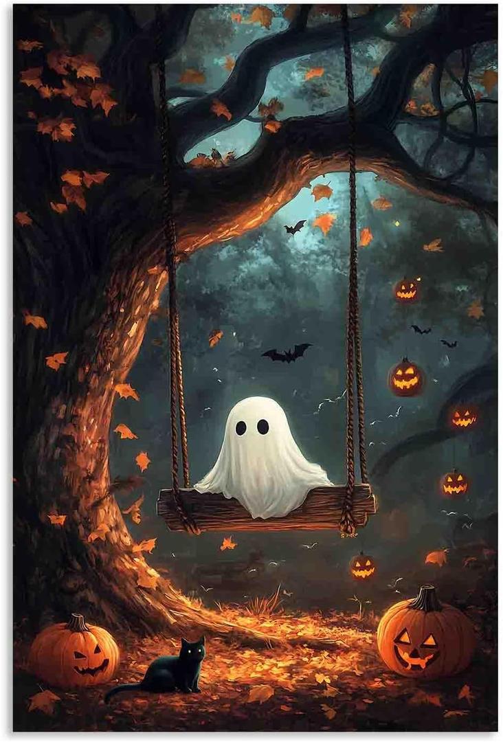 FOTRIC Halloween Wall Art Ghost and Cat Wall Art Ghost Pictures Canvas Prints Vintage Halloween Black Cat Wall Decor Spooky Pumpkin Art Gothic Bathroom Aesthetic Decor Canvas Roll 20x30 inch