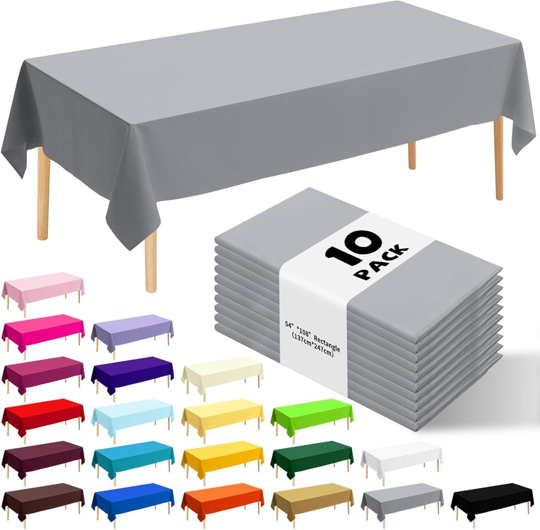 10 Pack Premium Disposable Plastic Tablecloth 54" X 108" Rectangle Table Cover for Birthdays Weddings Christmas Anniversary Buffet Table (Silver Grey)