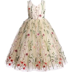IDOPIP Embroidery Flower Girl Lace Dress for Kids Wedding Pageant Party First Communion Dresses Princess Bridesmaid Maxi Gown (5-6 Years, Apricot)