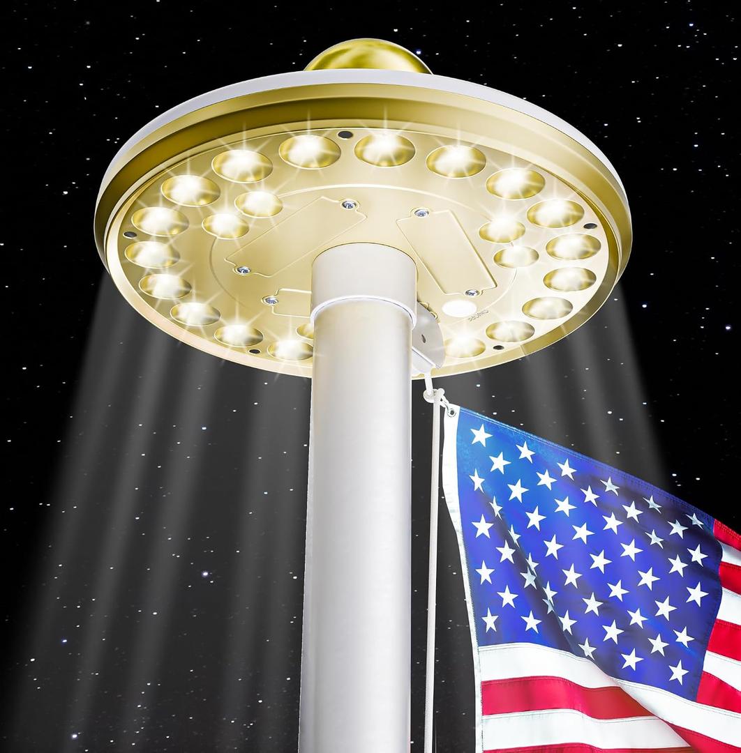 Deneve Deluxe Solar Powered Flagpole Lamp Dusk to Dawn 12+ Hours, 26 LED, 1300 Lumen Outdoor Lighting for American Flag, Garden Decor, House Decor, 100% Coverage Gold Model