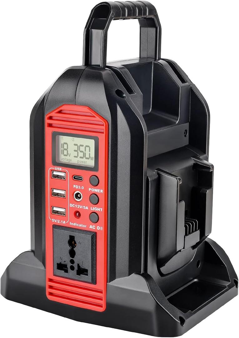 YEX-BUR 350W Power Inverter for Milwaukee 18v Battery, 2-Ports DC 18V to AC 120V Pure Sine Wave Inverter with 3 USB-A & 1 USB-C Port, 300LM LED Light for Camping Emergency(No Battery)