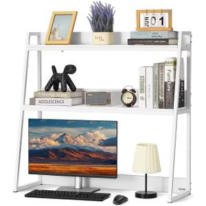 VEVOR Desktop Bookshelf, 2-Tier Desktop Storage Organizer, 37.4" x 12.6" x 35.4" Office Desk Storage Rack Display Shelf, Desktop Bookshelf Hutch with Anti-Slip Feet Pads for Office, Home & Dorm, White, 2 Shelves