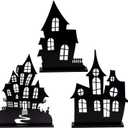 AuldHome Design Spooky Halloween House Village Silhouettes (Set of 3); Scary Haunted House Wood Statue Figurines Centerpiece Set