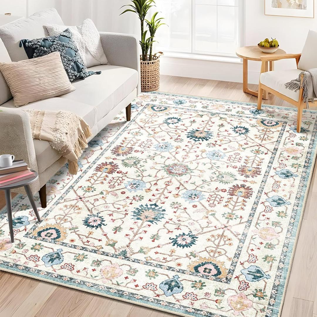 MUJOO 5x7 Area Rugs,Washable Rugs for Living Room Bedroom Bedside,Blue Boho Non Slip Carpet Indoor,Vintage Soft Teal and Pink Floral Rug