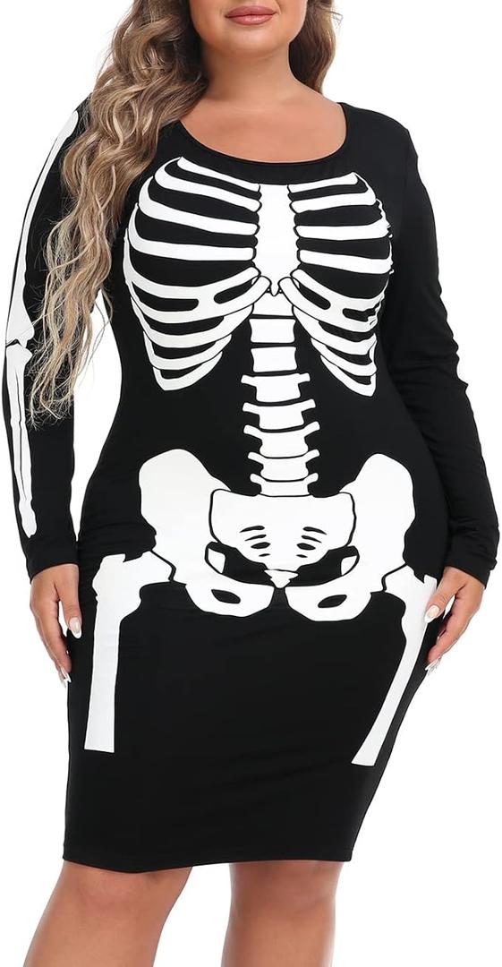 SPOOKYACULAR Womens Plus Size Skeleton Dress Fun Spooky Halloween Costume Stretchy Long Sleeve Midi Bodycon Dress Fitted Party Outfit, XXL